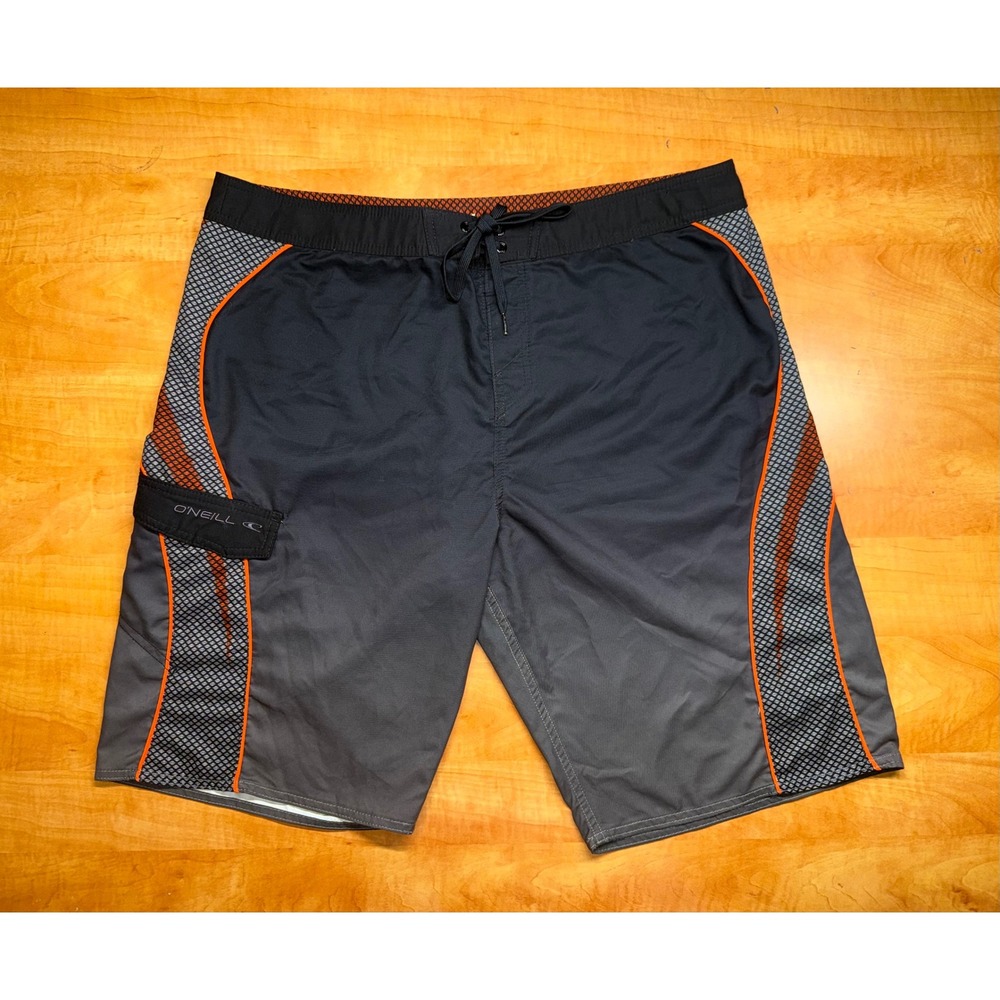 ONeill Mens Board Shorts Size 38 Grey Orange Ombre Cargo Pocket Swim‎ Trunks